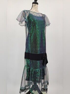 Unique Vintage 1920's Flapper Dress With Iridescent Mesh Overlay Size Small